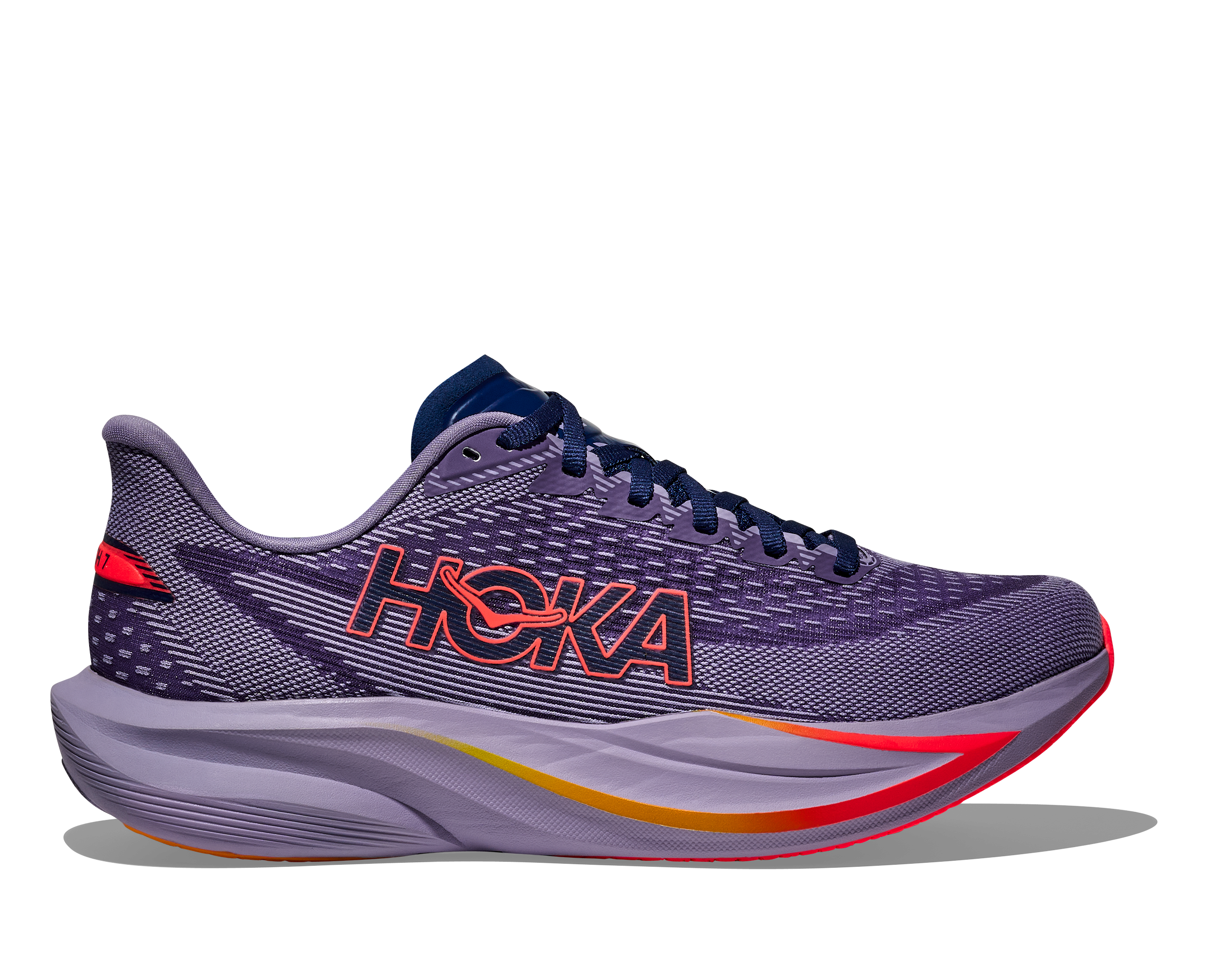 Purple running shoe with red accents on a white background