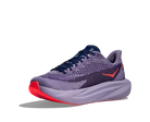 Purple running shoe with red sole on a white background