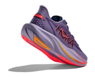 Purple running shoe with red and orange accents on a white background