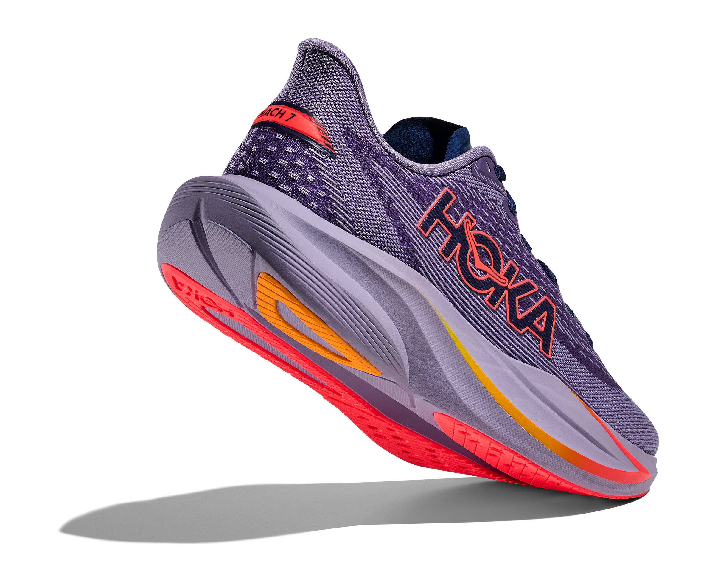 Purple running shoe with red and orange accents on a white background