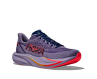 Purple running shoe with red sole on a white background
