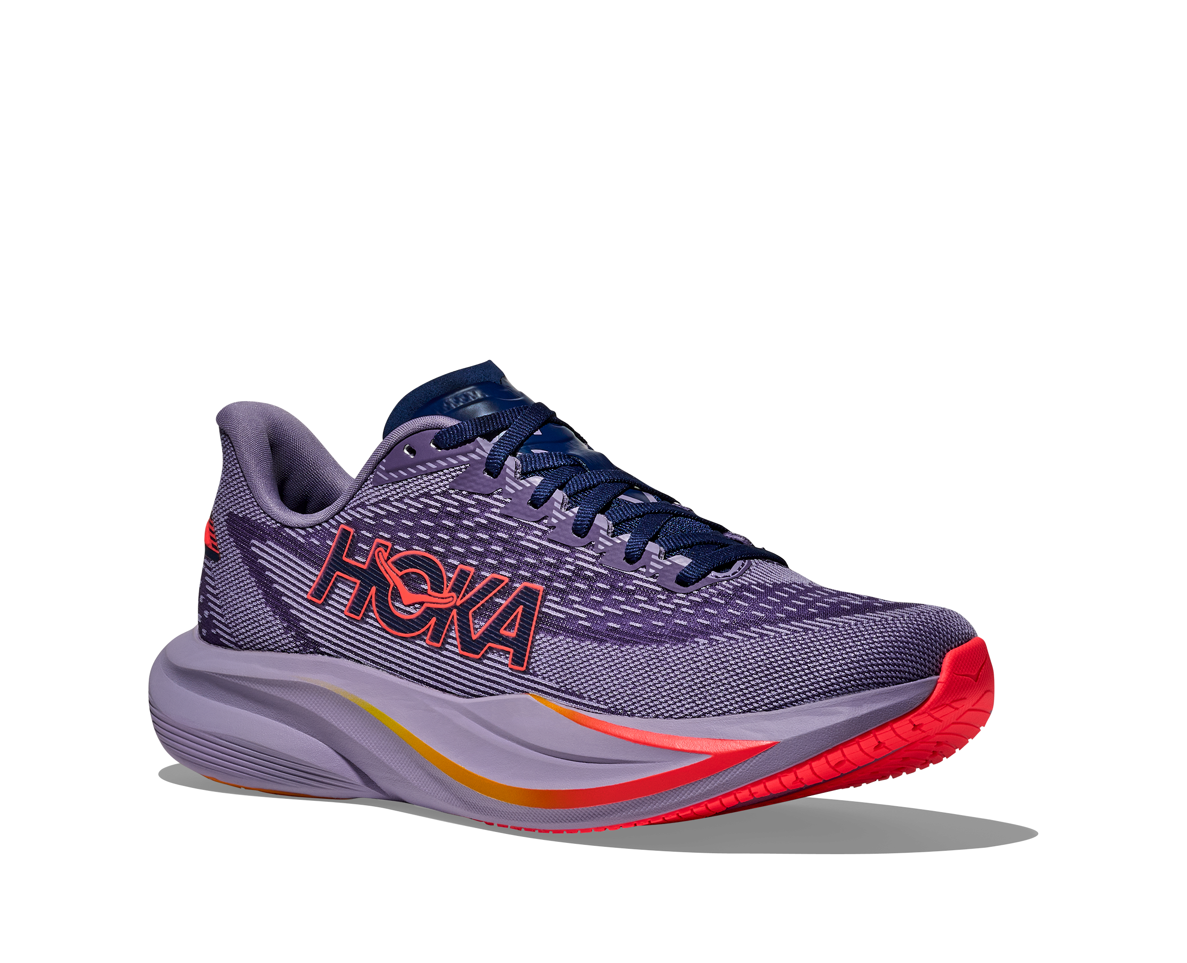 Purple running shoe with red sole on a white background