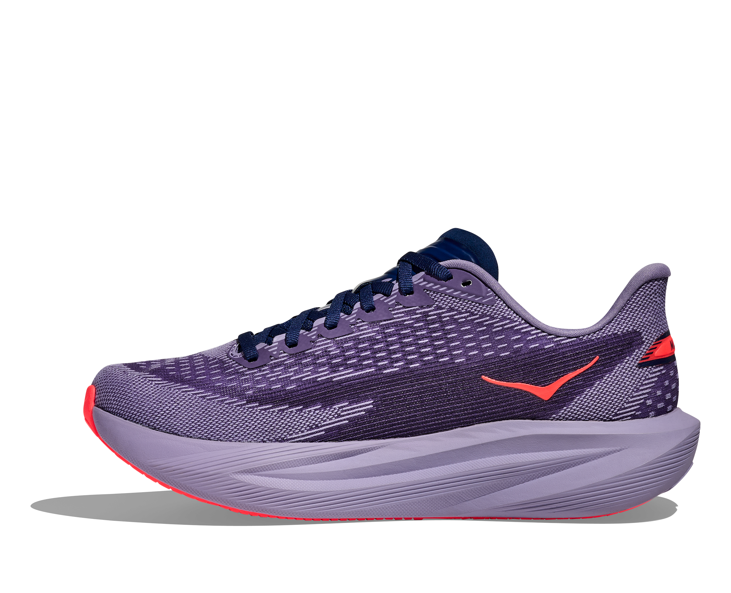 Purple running shoe with red accents on a white background