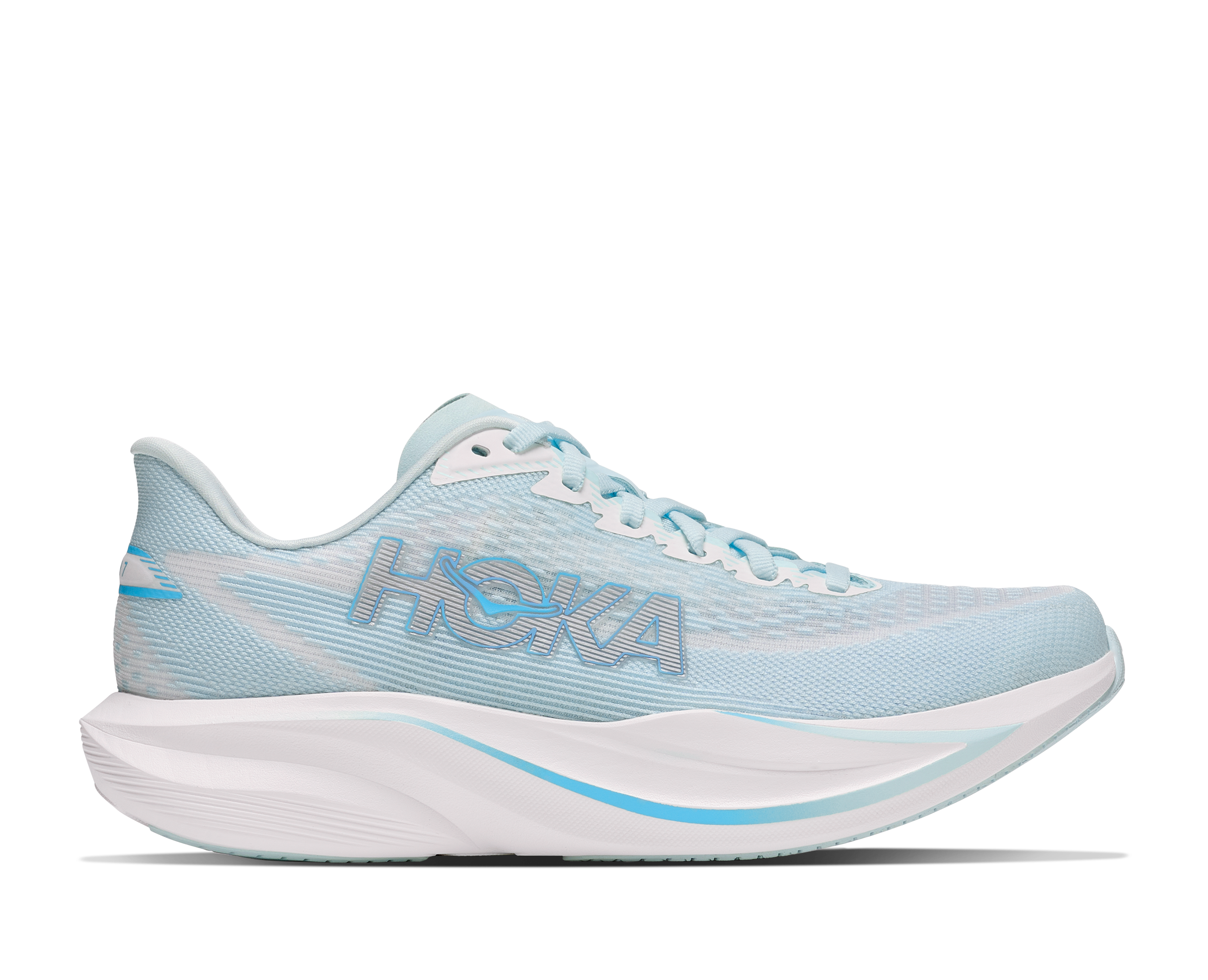 Light blue running shoe with white sole on a white background