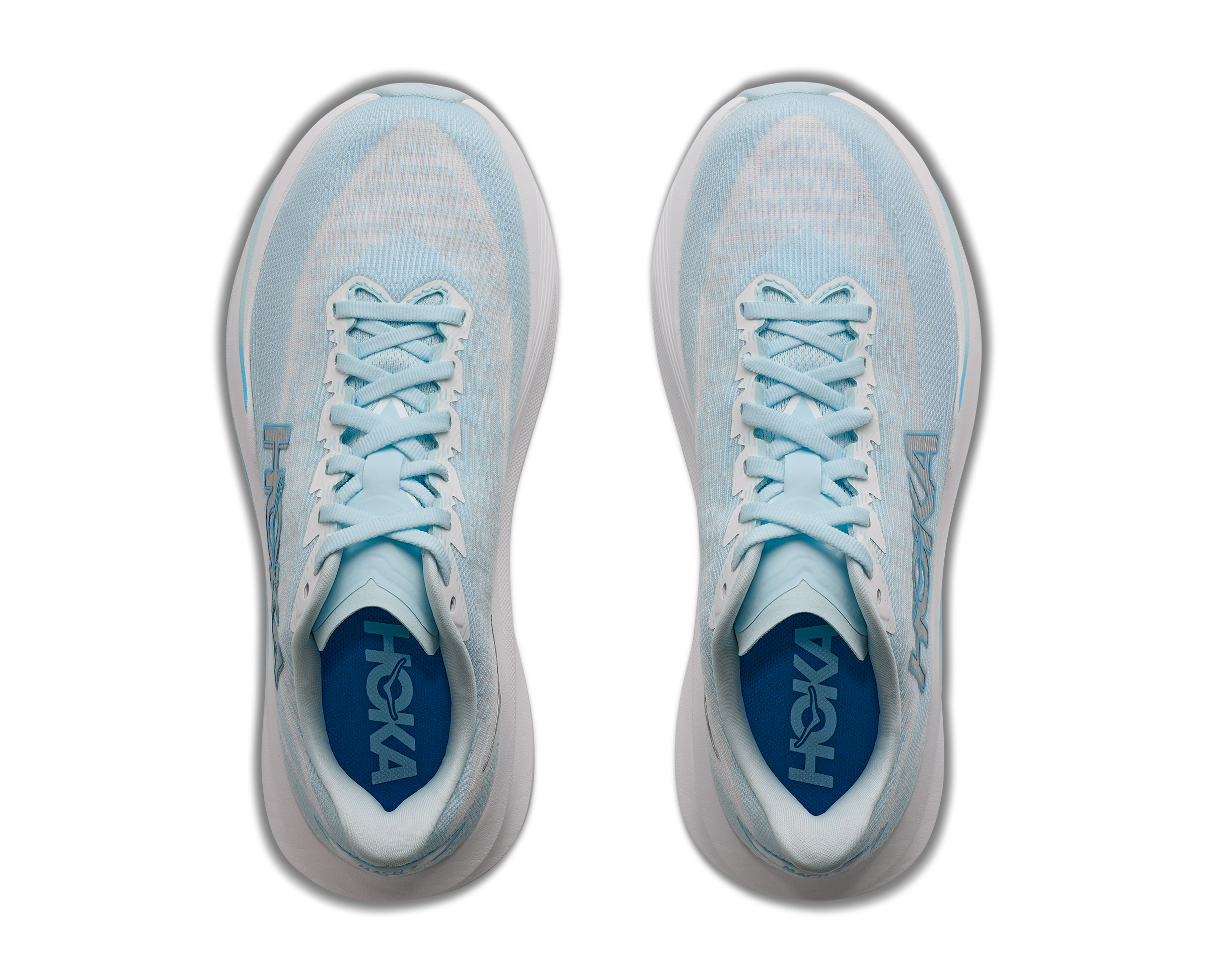 Light blue running shoes with 'Hoka' branding on a white background