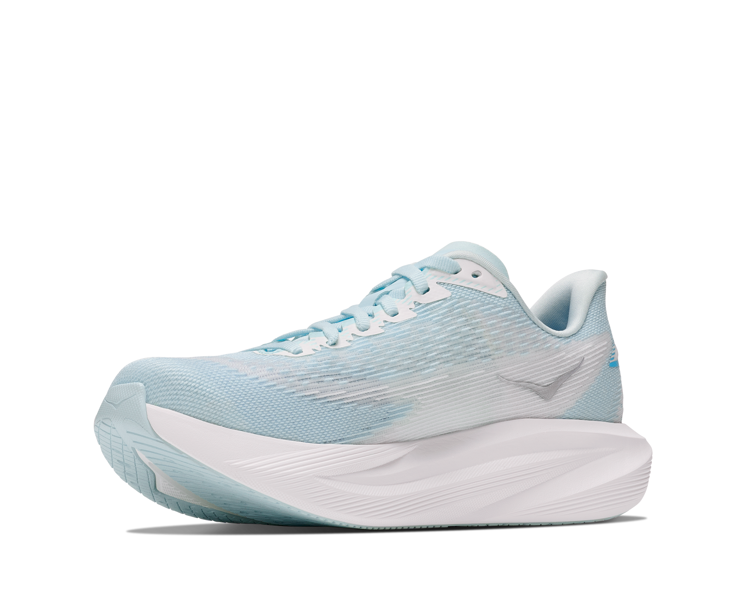 Light blue running shoe with white sole on a white background