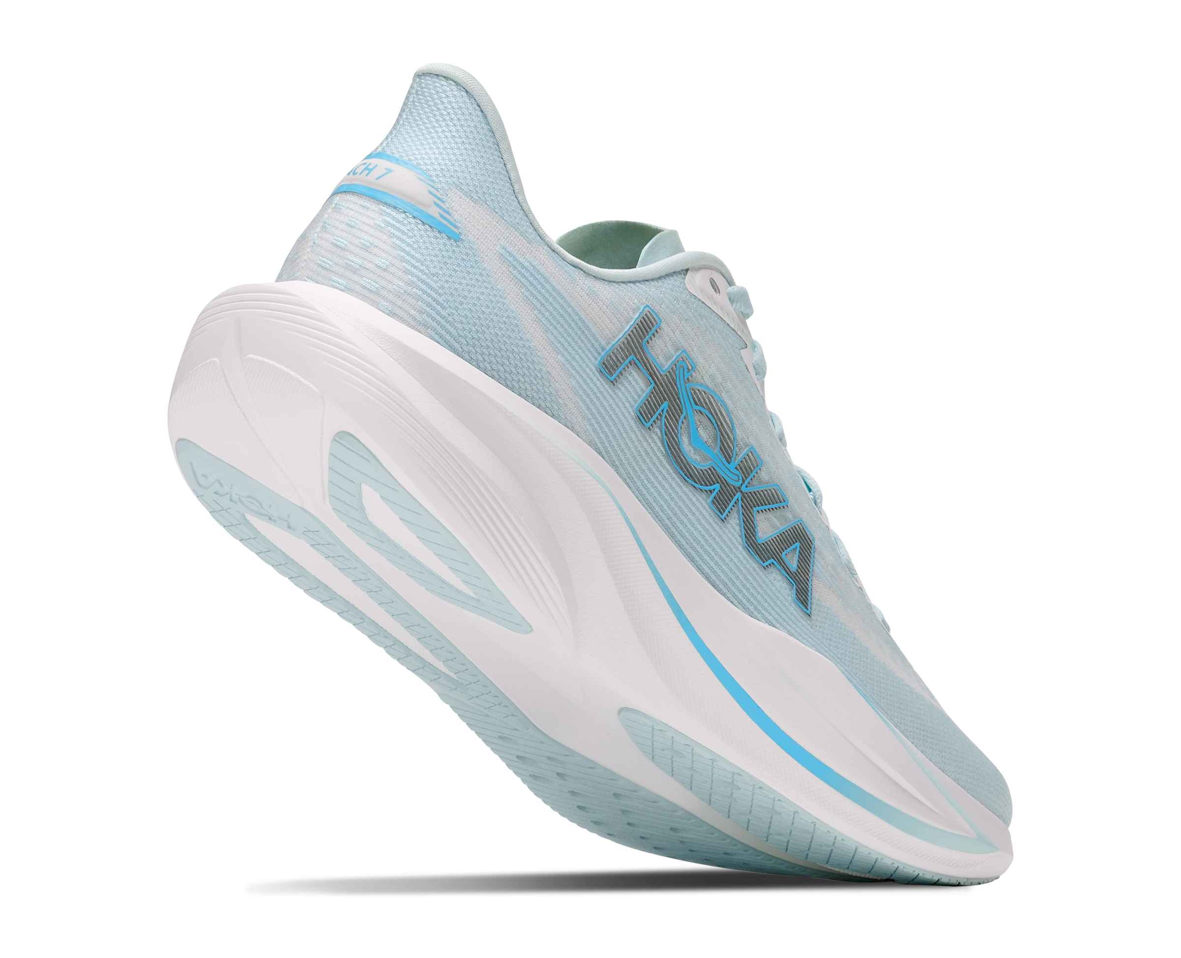 Light blue running shoe with white sole on a white background