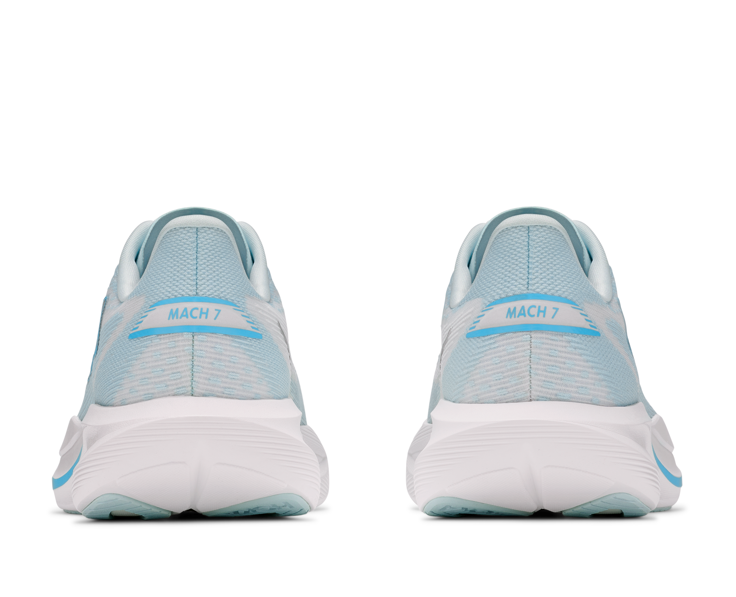 Pair of light blue running shoes with 'MACH 7' text on a white background