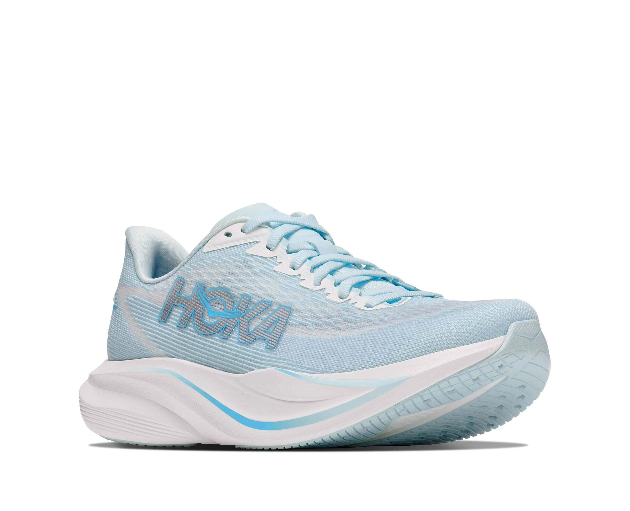 Light blue running shoe with white sole on a white background