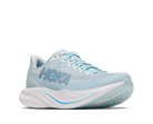 Light blue running shoe with white sole on a white background