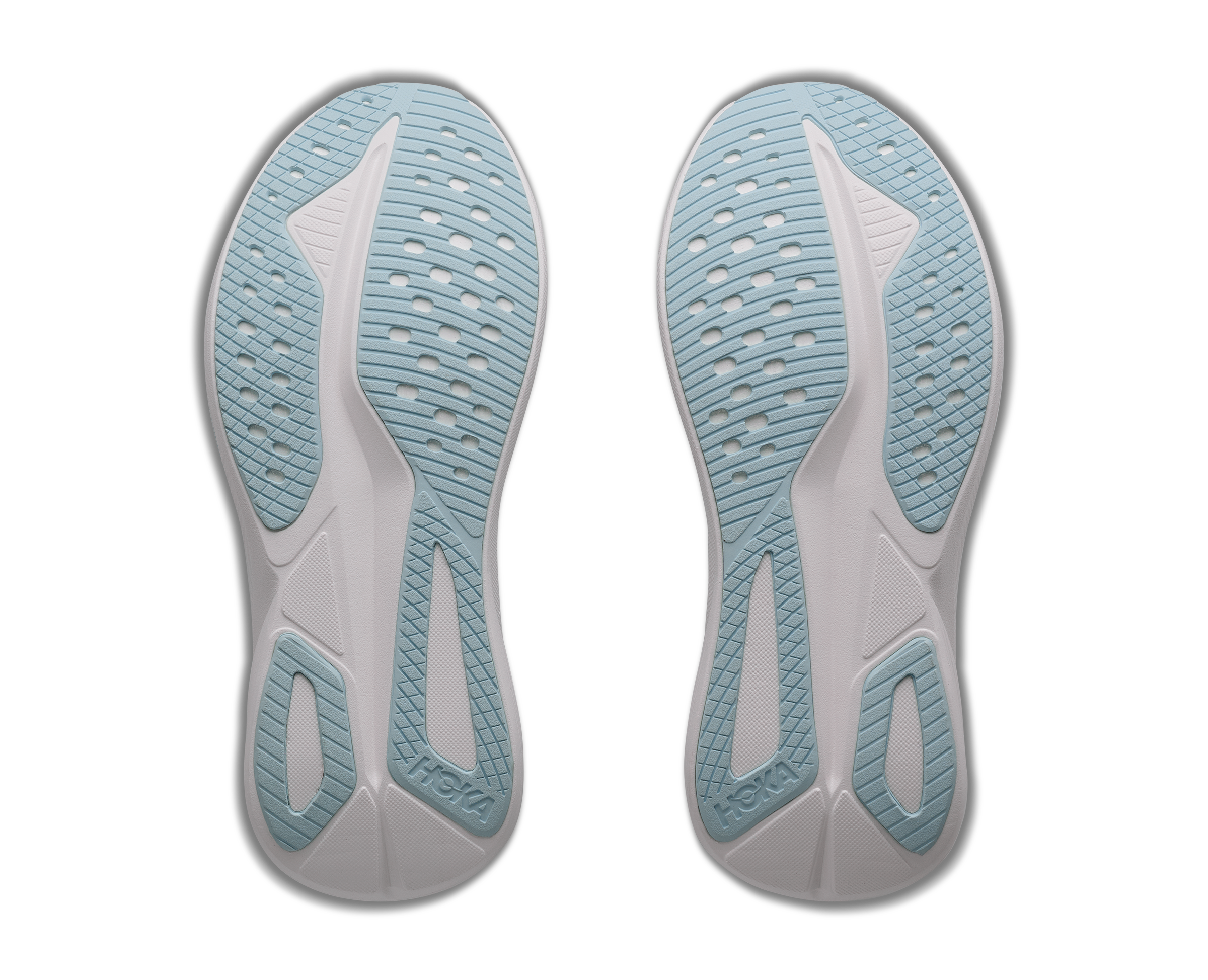 Pair of gray and blue shoe insoles on a white background