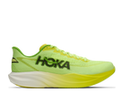 Bright green running shoe with 'Hoka' branding on a white background