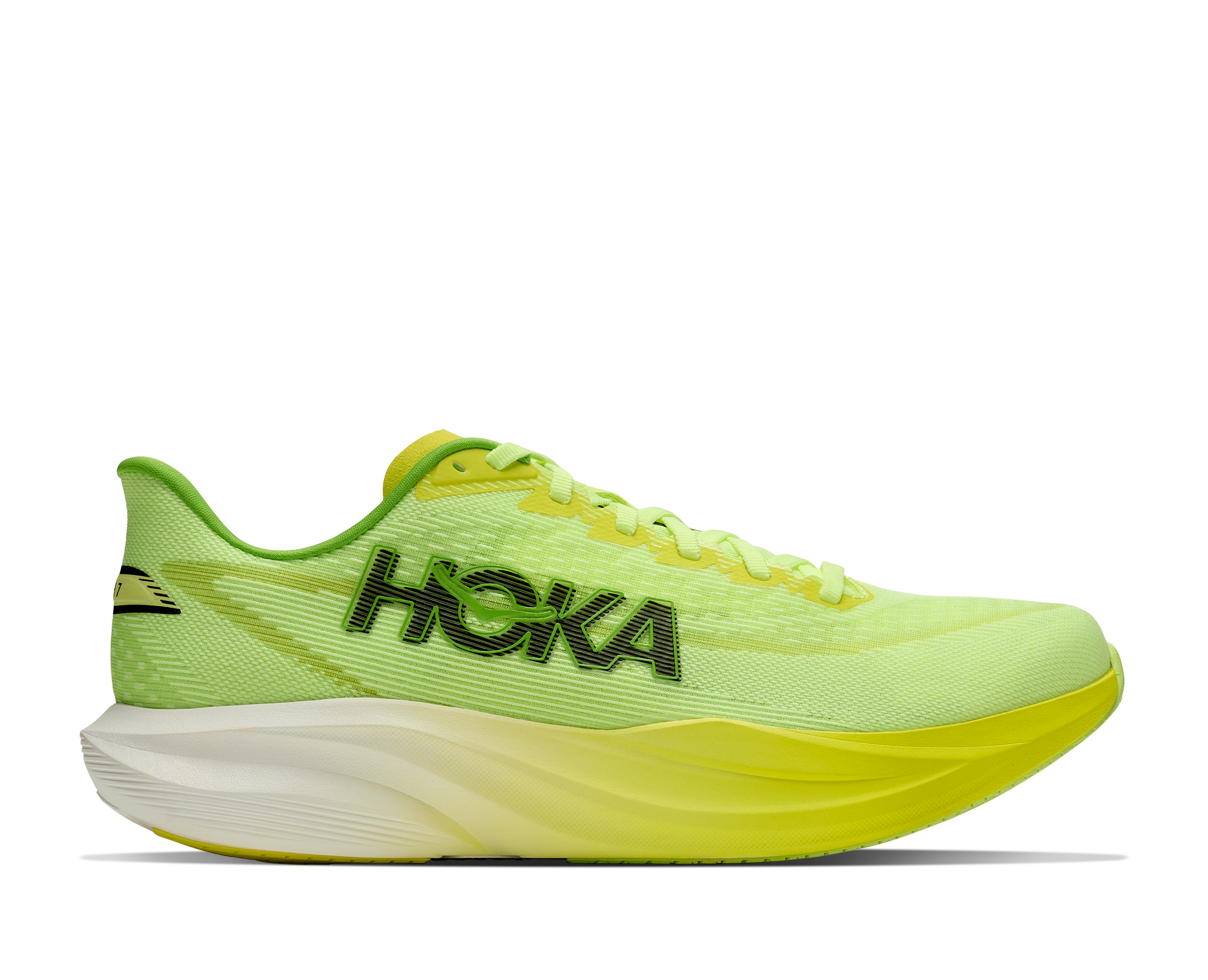 Bright green running shoe with 'Hoka' branding on a white background
