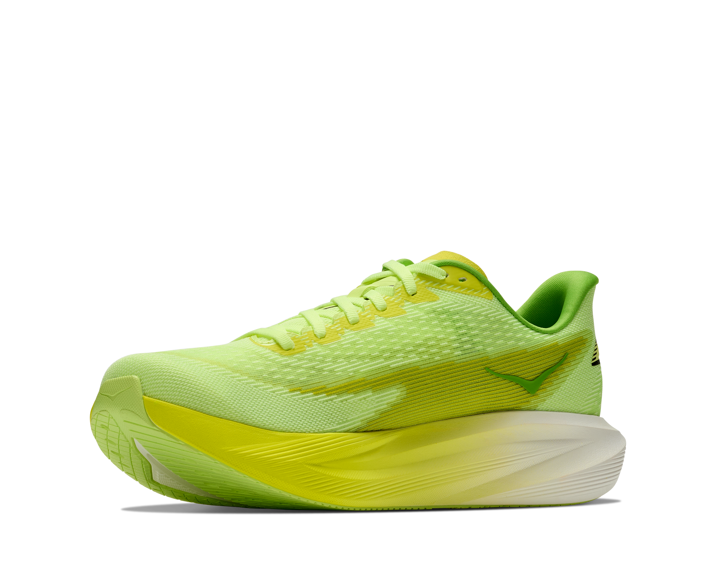Bright yellow running shoe on a white background