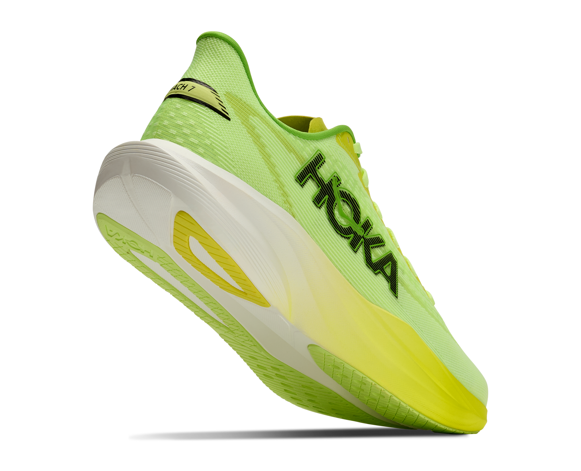 Bright green running shoe with white sole on a white background
