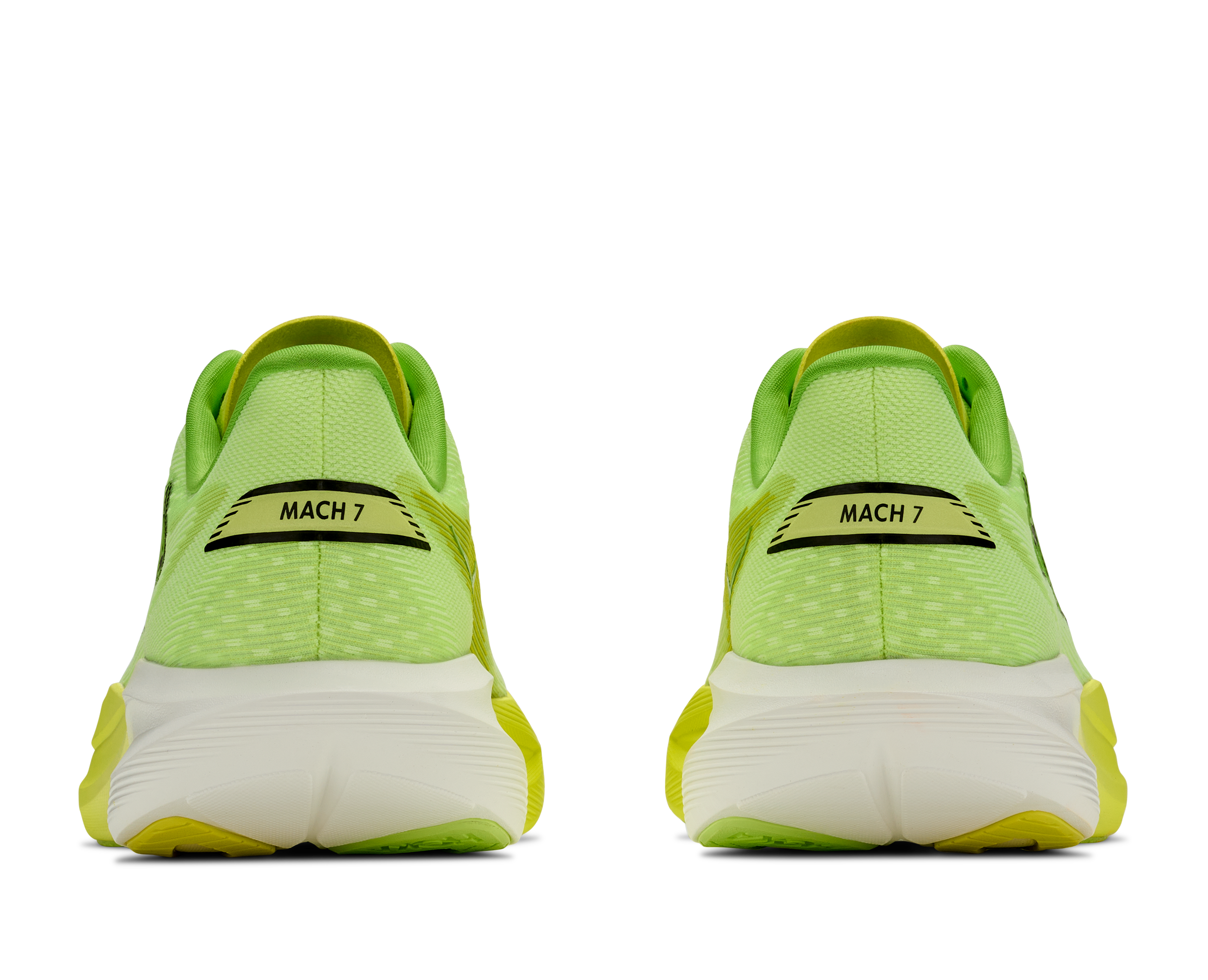 Green running shoes with 'MACH 7' branding on a white background