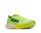 Bright green running shoe with 'Hoka' branding on a white background