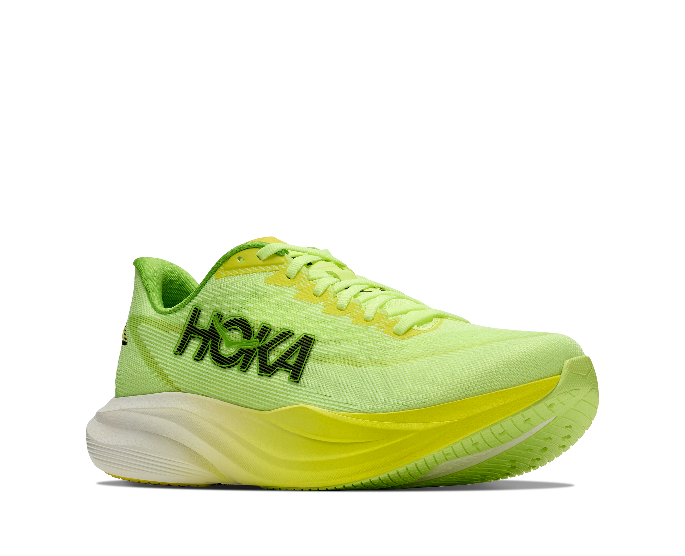 Bright green running shoe with 'Hoka' branding on a white background
