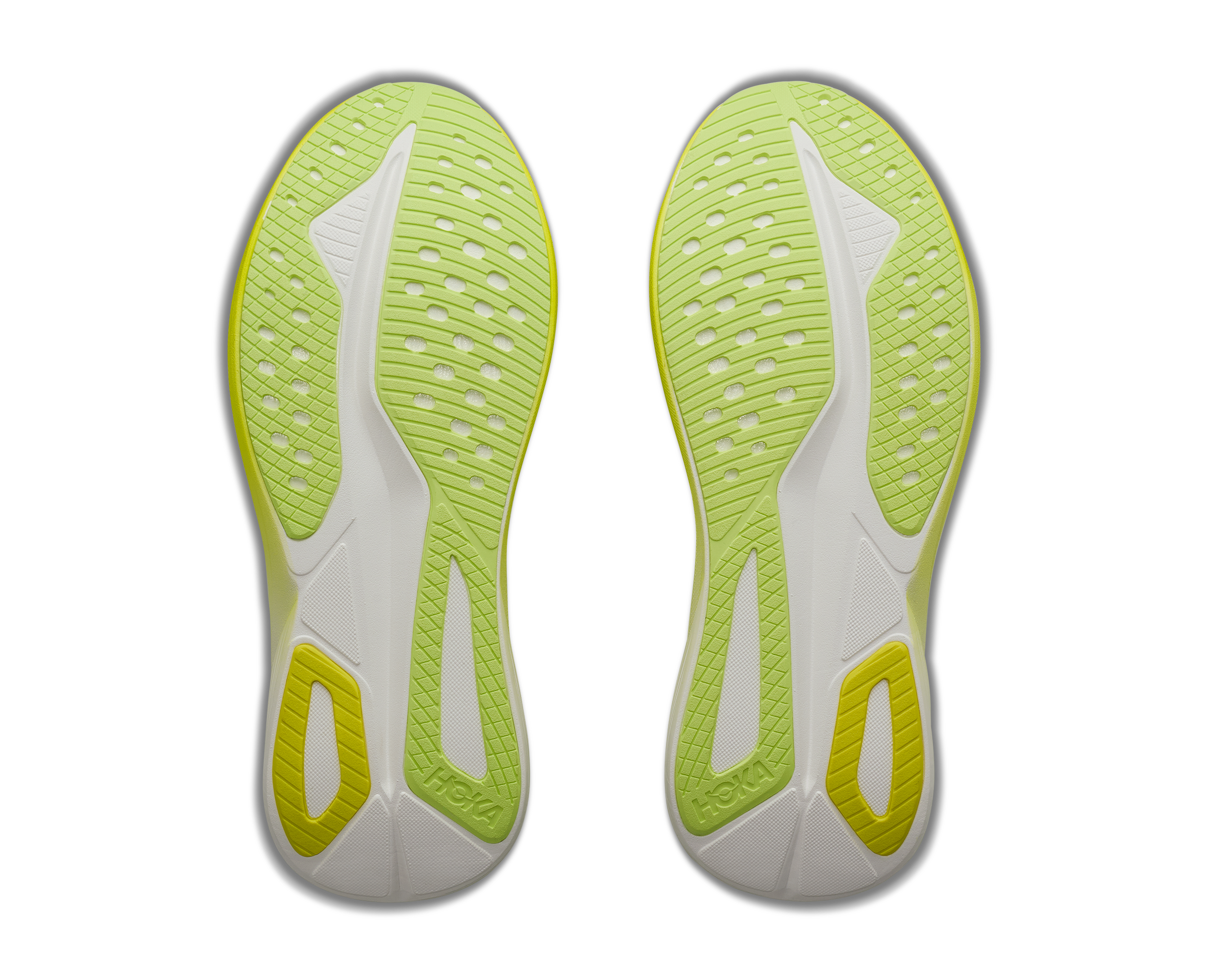 Pair of green and white shoe insoles on a white background