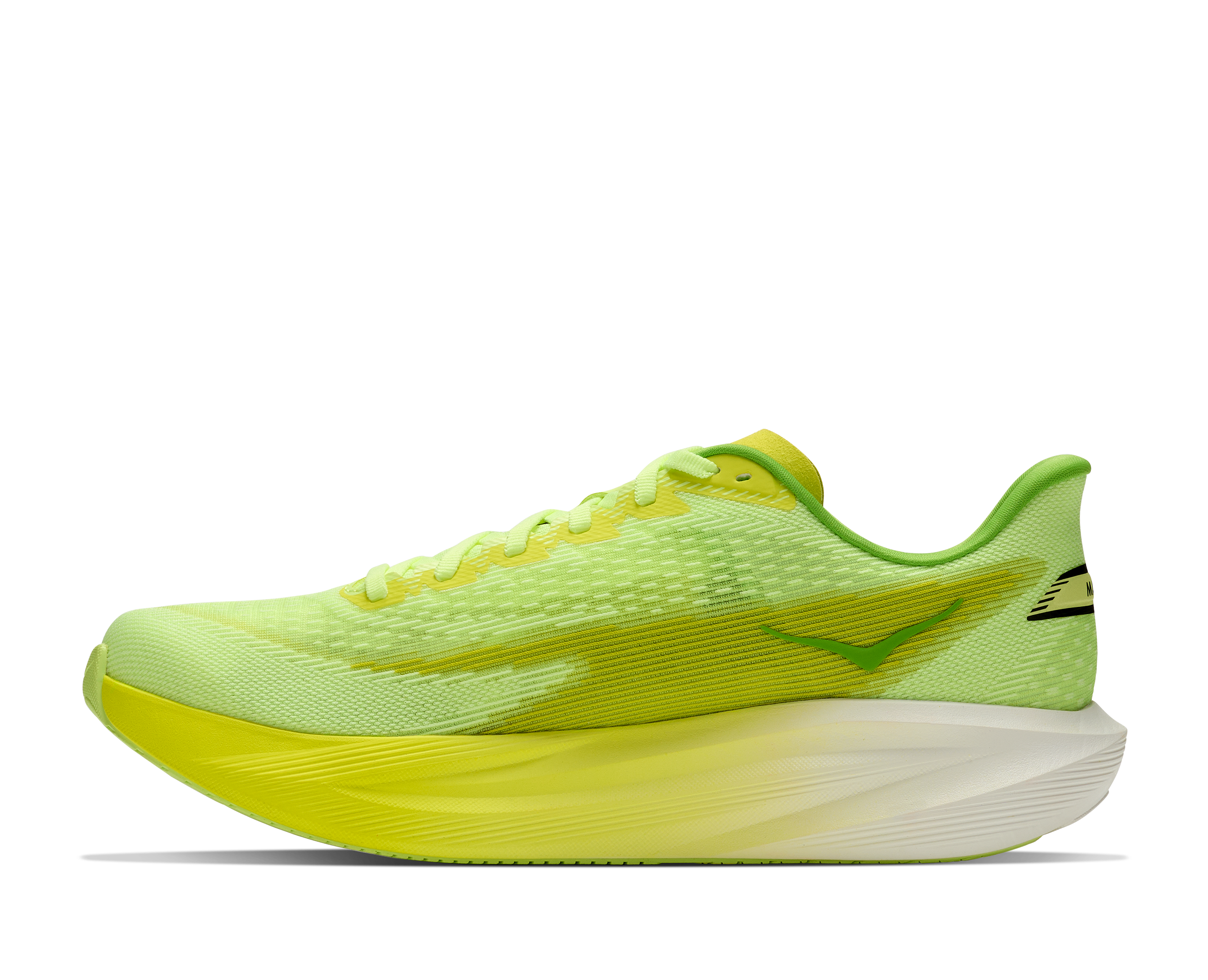 Bright green running shoe on a white background