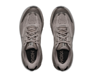 Pair of gray running shoes with 'HOKA' branding on a white background