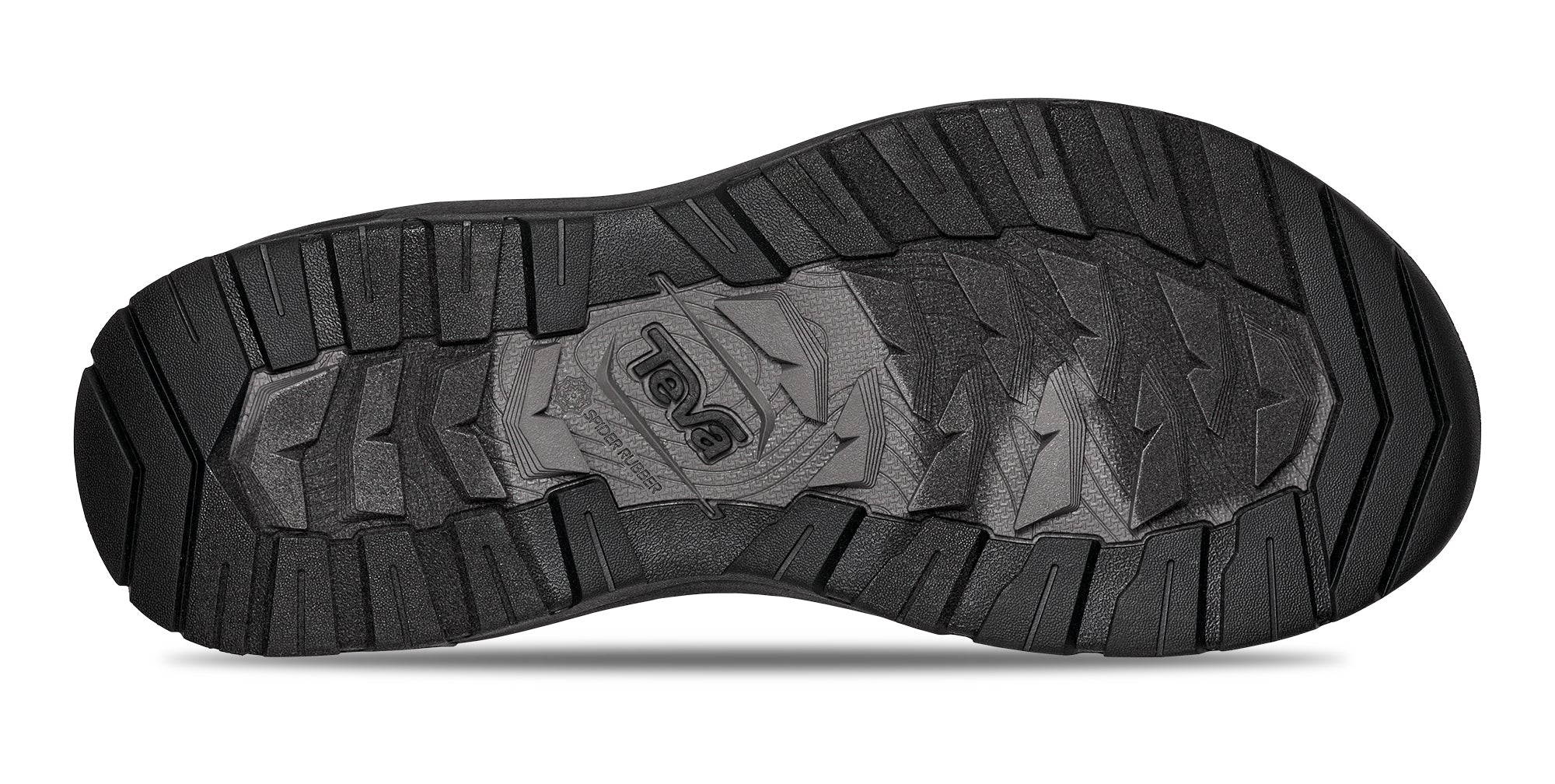 Close-up of a black shoe sole with brand logo on a white background