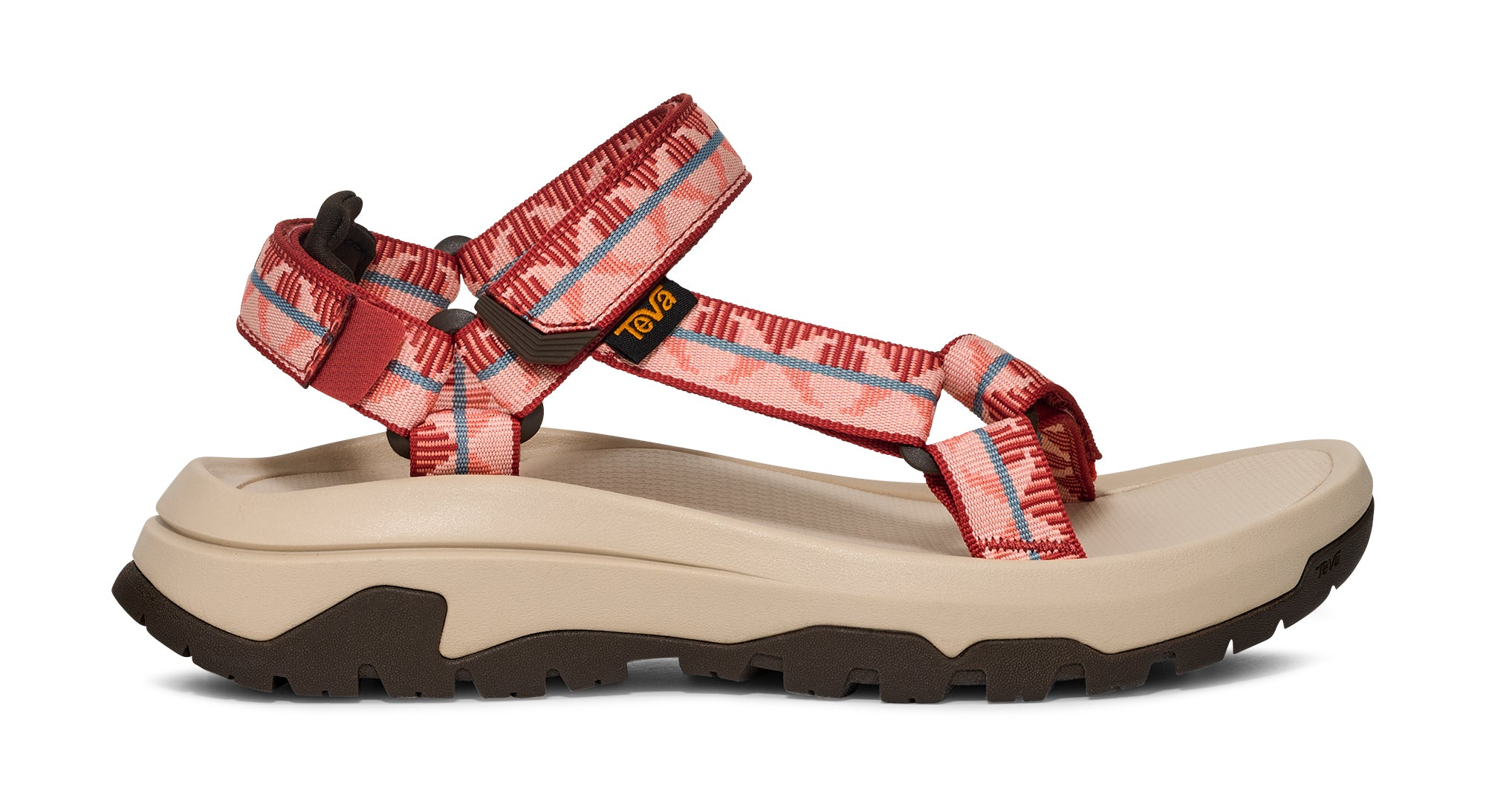 Red and beige sandal with a white background