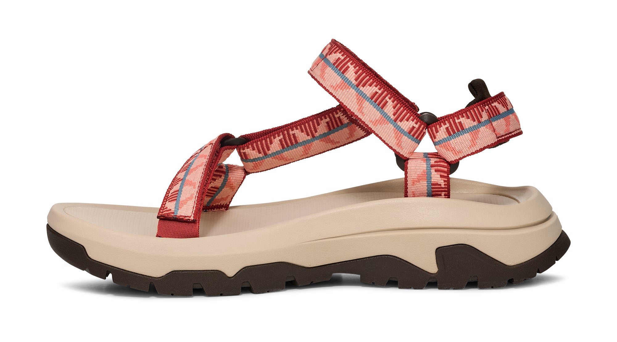 Beige sandal with red straps on a white background