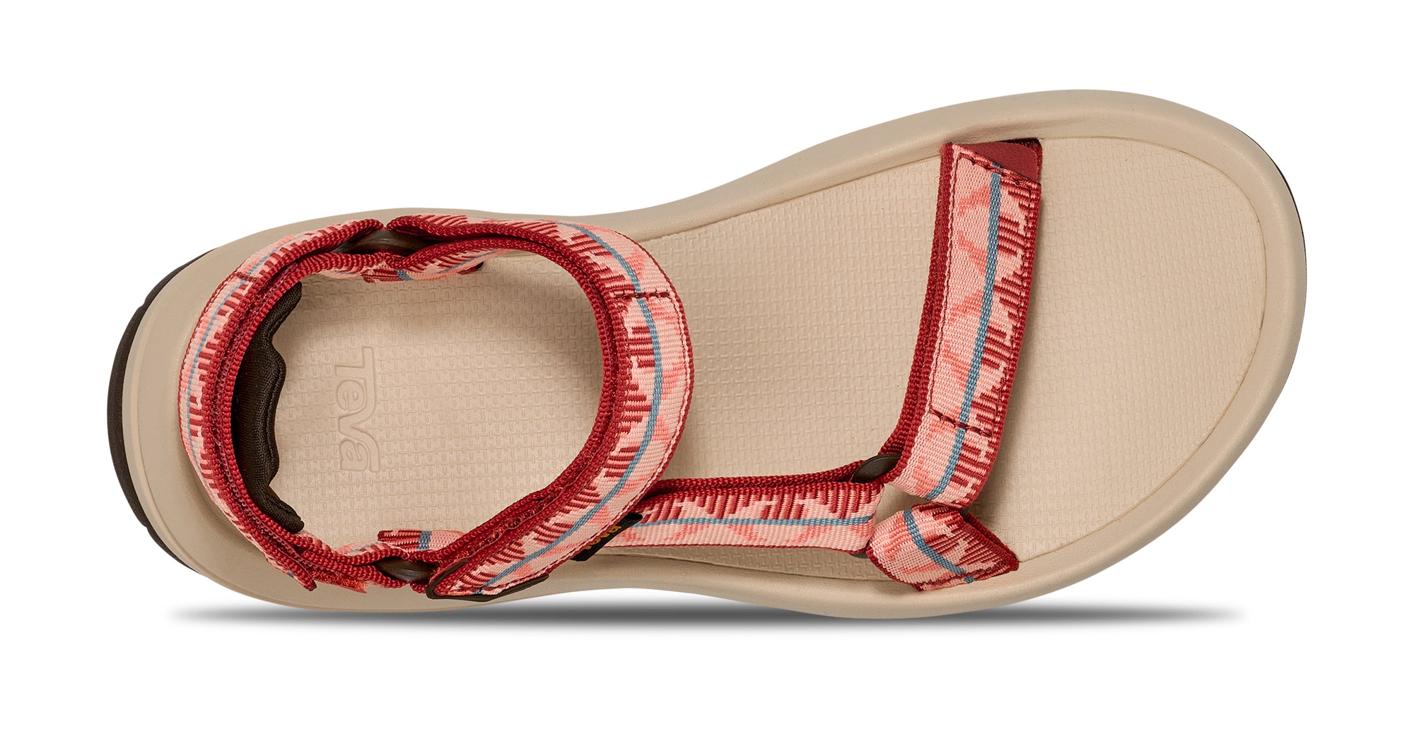 Beige sandal with red and blue strap on a white background