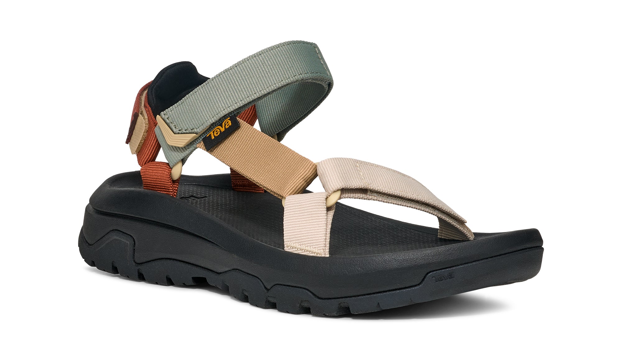 Multicolored sandal with a black sole on a white background