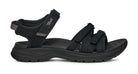 Black sandal with multiple straps on a white background