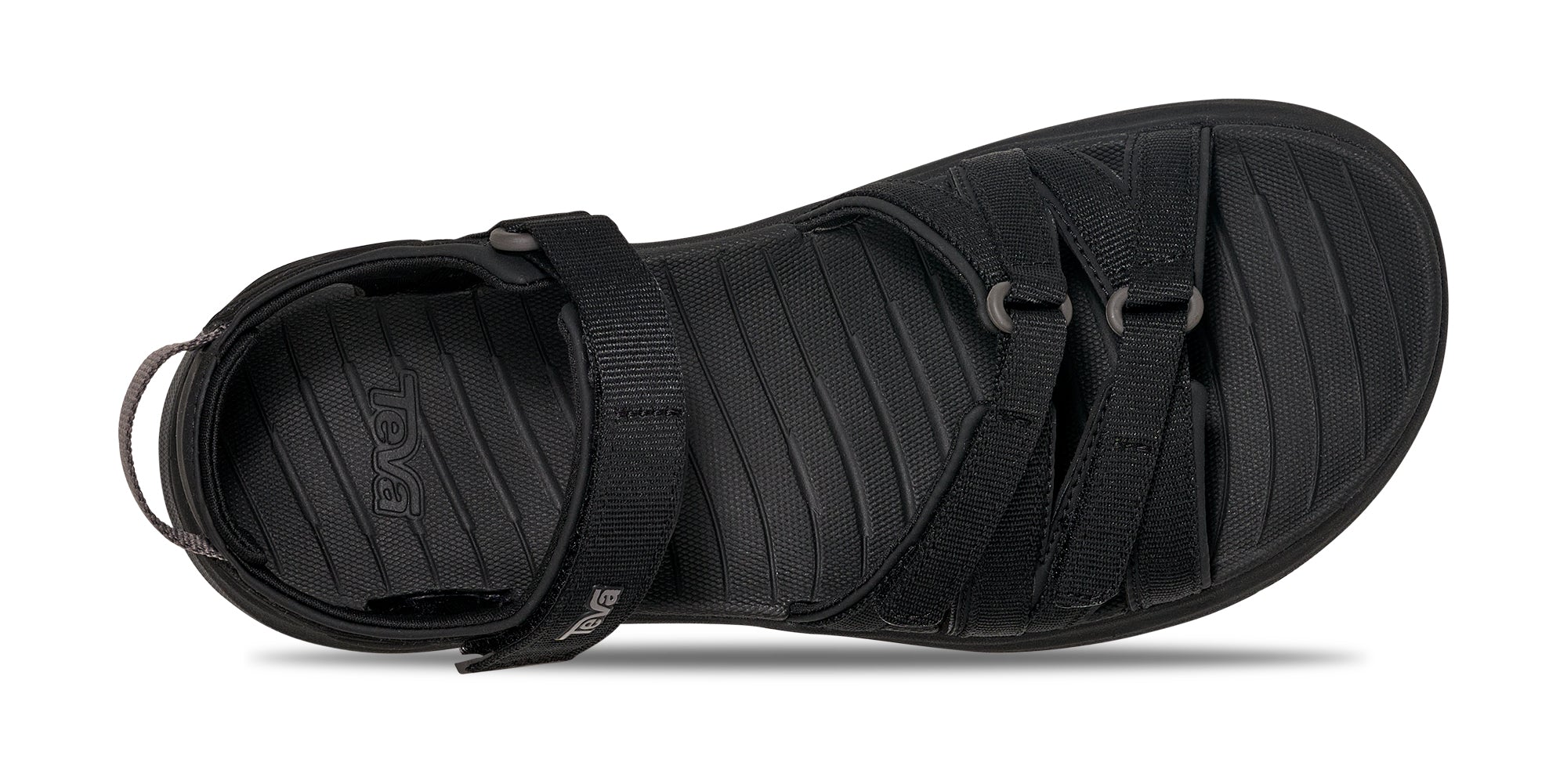 Black sandal with multiple straps on a white background