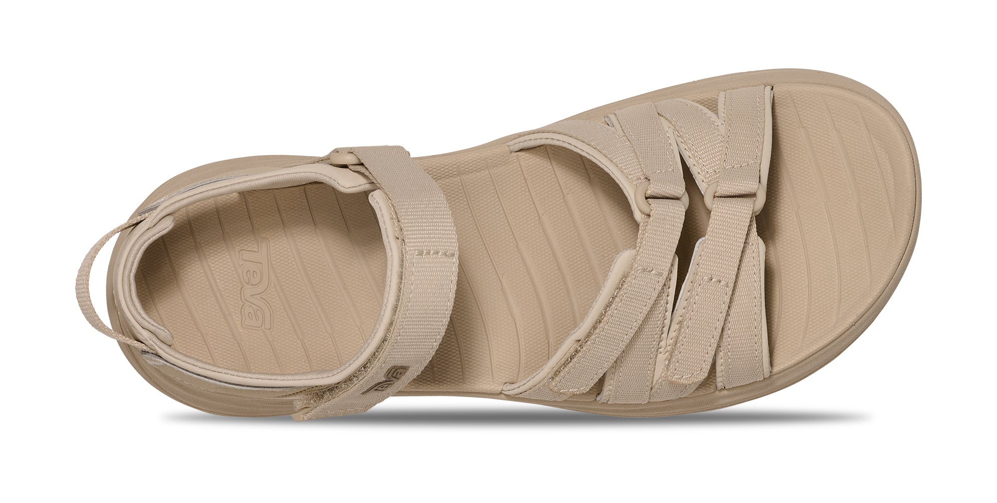 Beige sandal with multiple straps on a white background