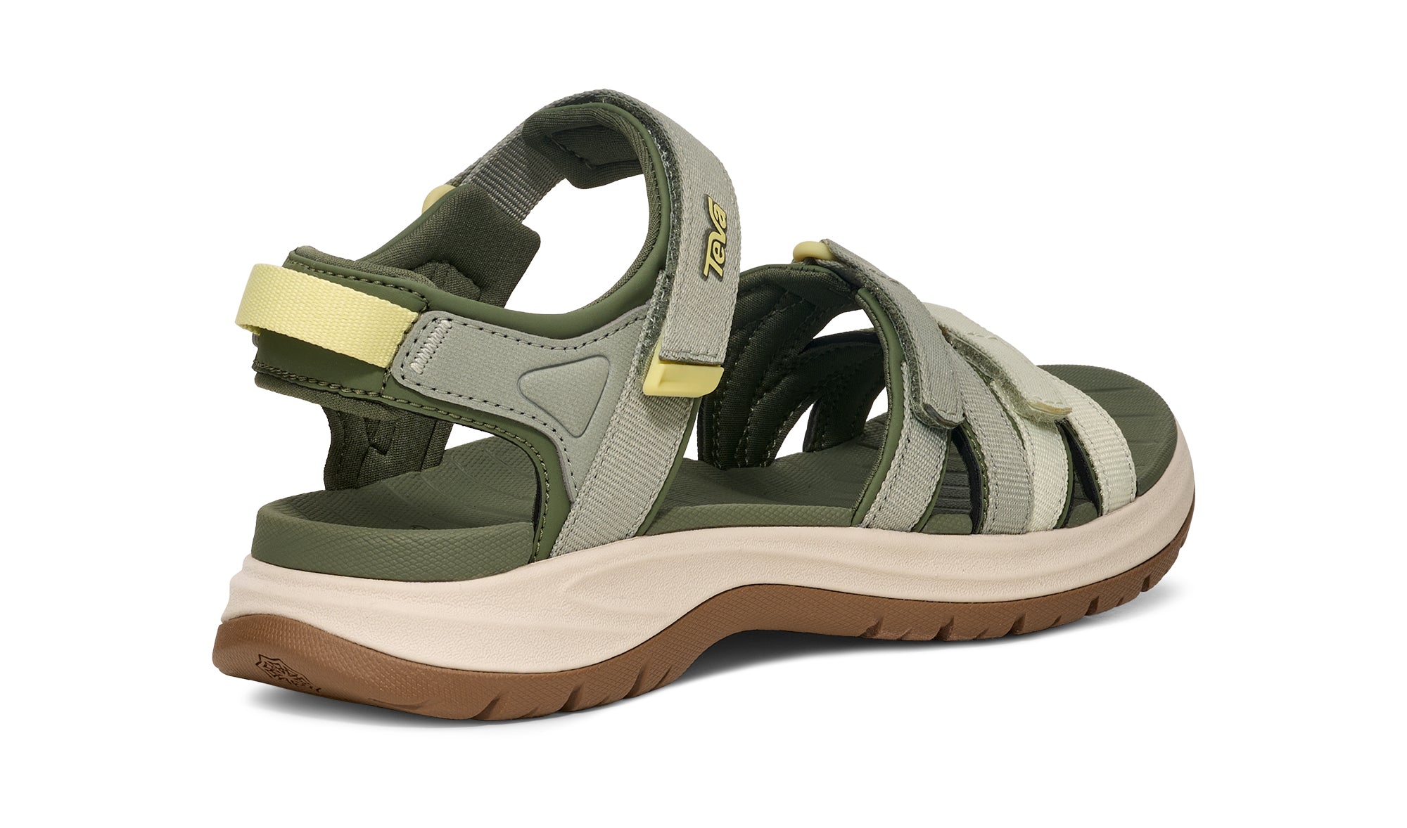 Green sandal with brown sole on a white background
