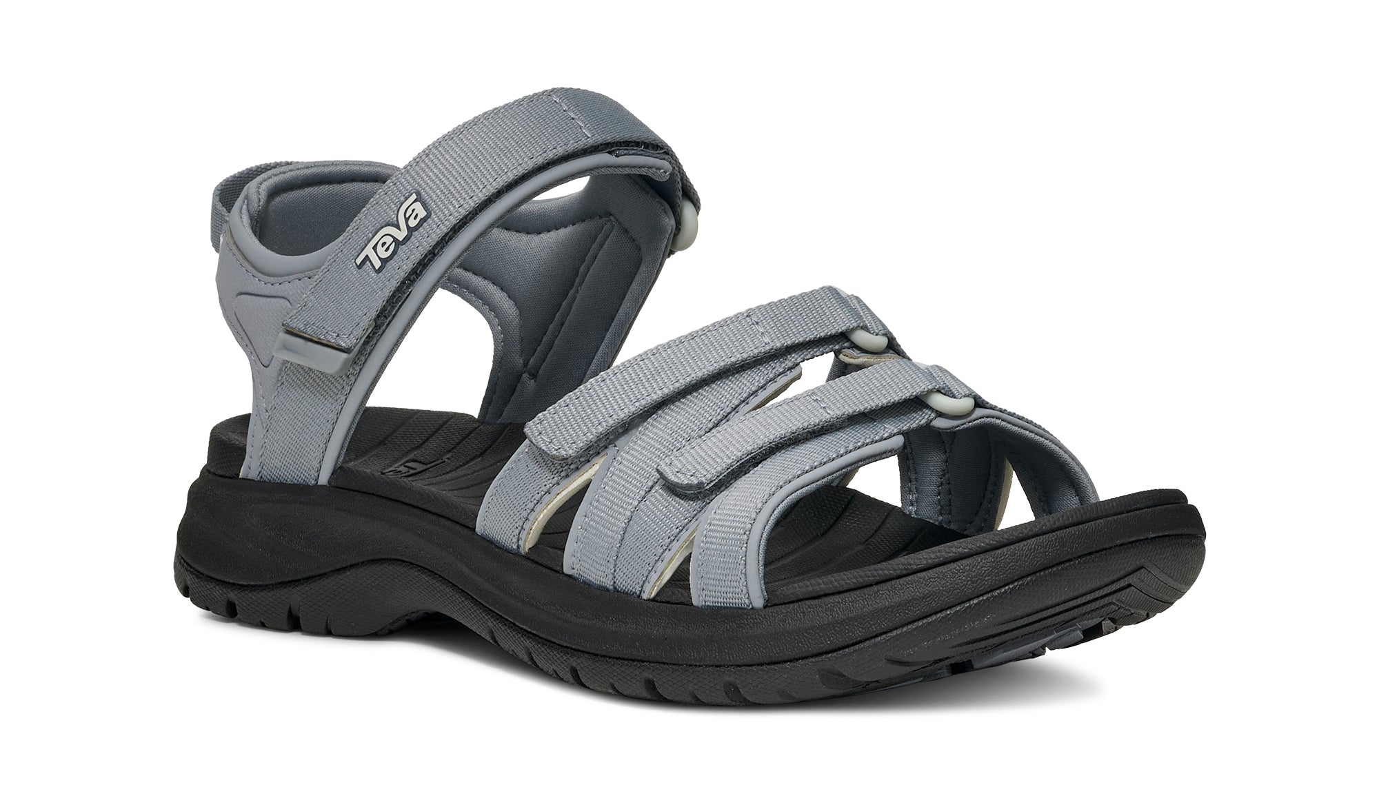 Gray sandal with black sole on a white background