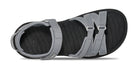 Black and gray sandals with multiple straps on a white background