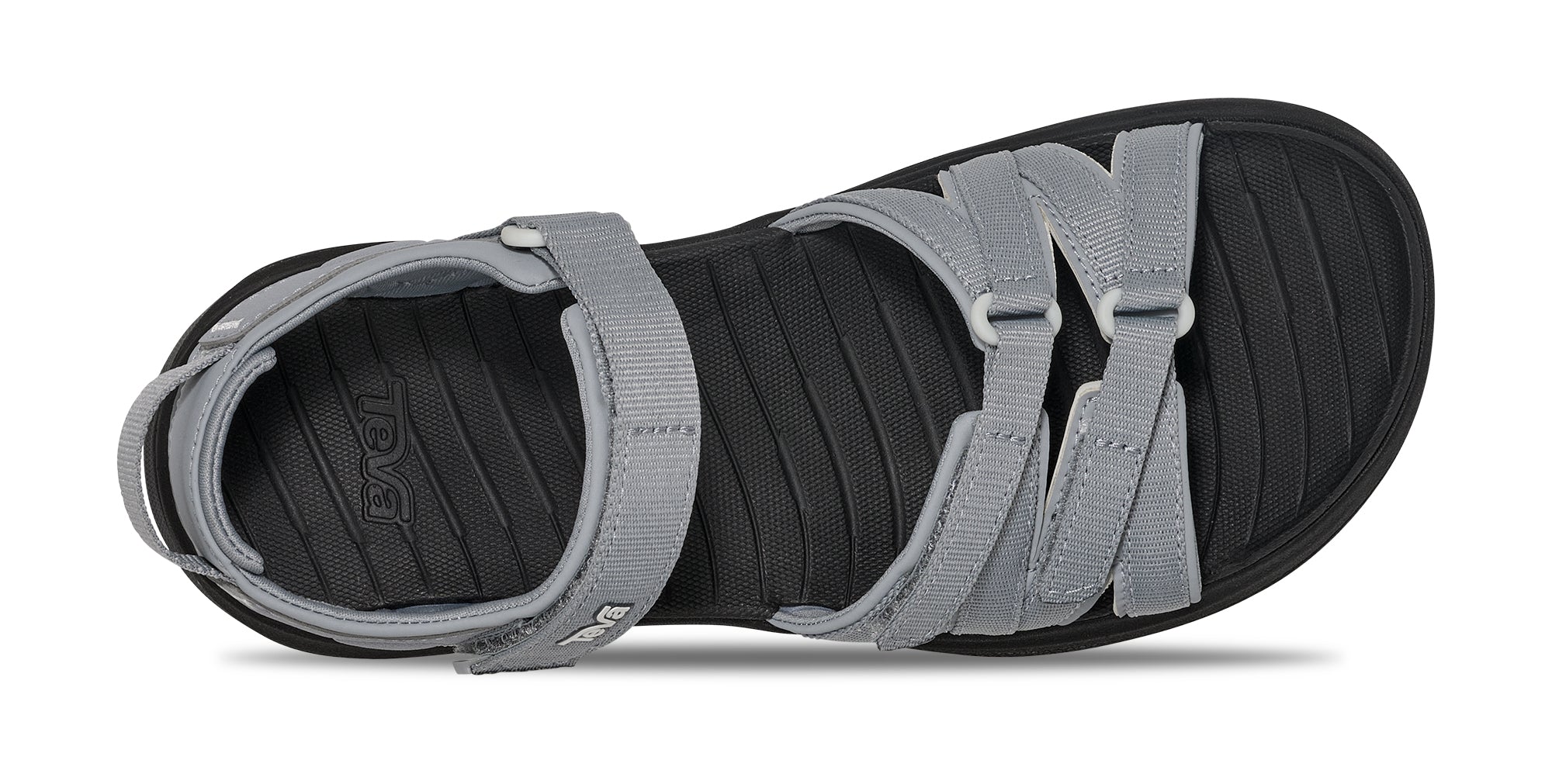 Black and gray sandals with multiple straps on a white background
