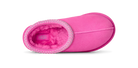 A bright pink slip-on slouchy bootie with a fuzzy pink interior and a decorative white stitched trim around the opening, shown from a side profile on a white background.