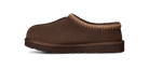 A single dark brown suede slipper with a textured brown and beige knit trim around the collar, shown from a side profile on a white background.