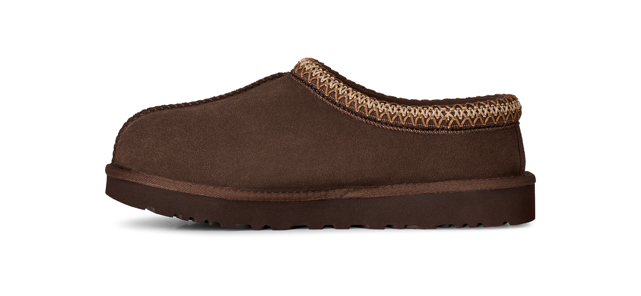 A single dark brown suede slipper with a textured brown and beige knit trim around the collar, shown from a side profile on a white background.