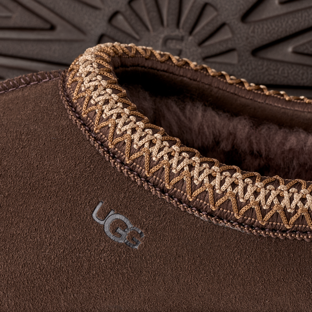 Close-up of a brown UGG boot with embroidered trim
