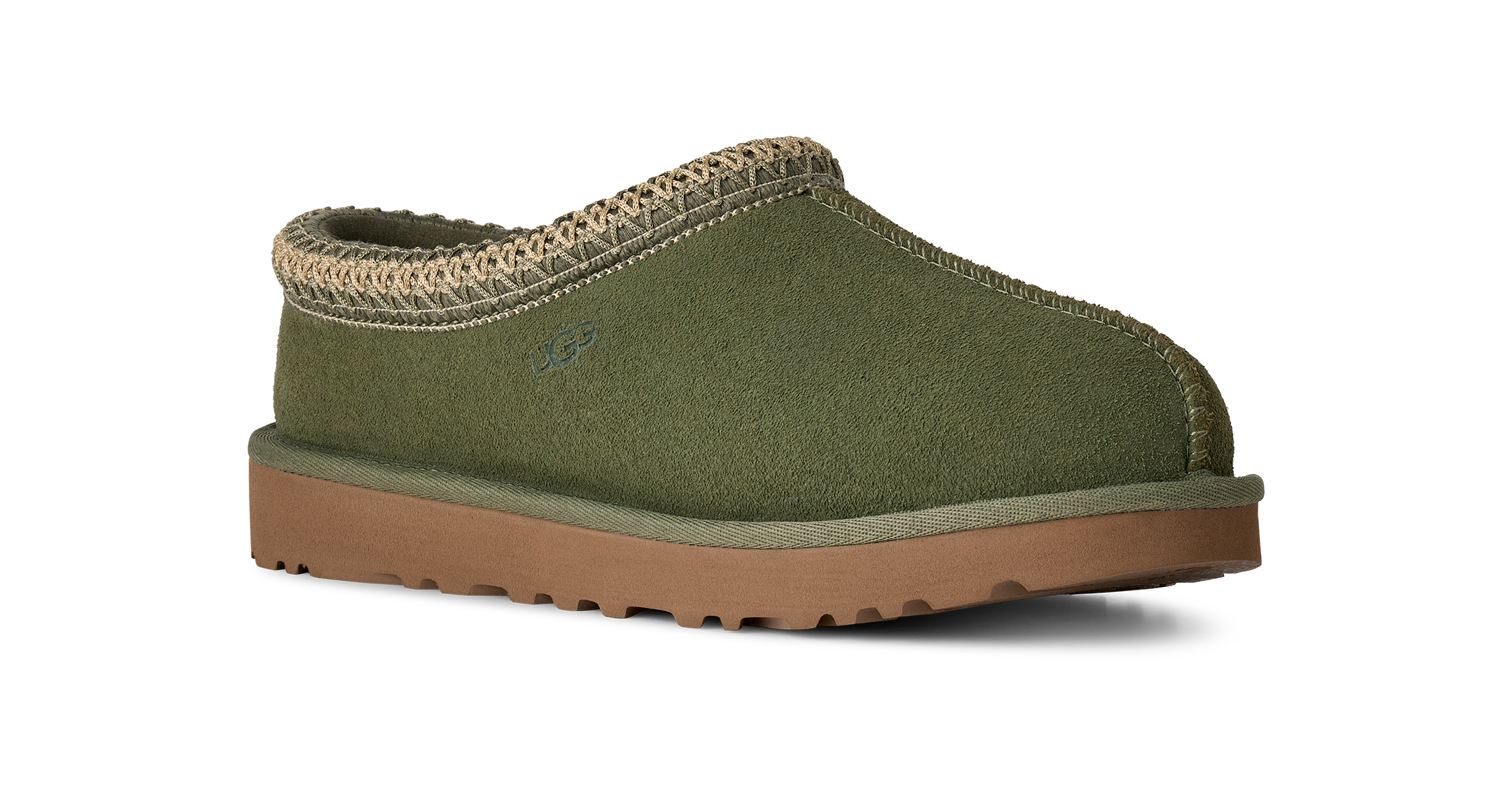 An olive green slip-on clog-style shoe with a tan woven trim around the collar and a brown sole, shown on a plain white background.