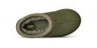 An olive green suede UGG slipper shown from a top-down view, featuring a soft gray shearling lining and a decorative braided trim around the opening.