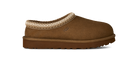 A single brown suede slip-on clog shoe with a cream-colored knit trim around the collar and a matching brown sole, shown against a plain white background.