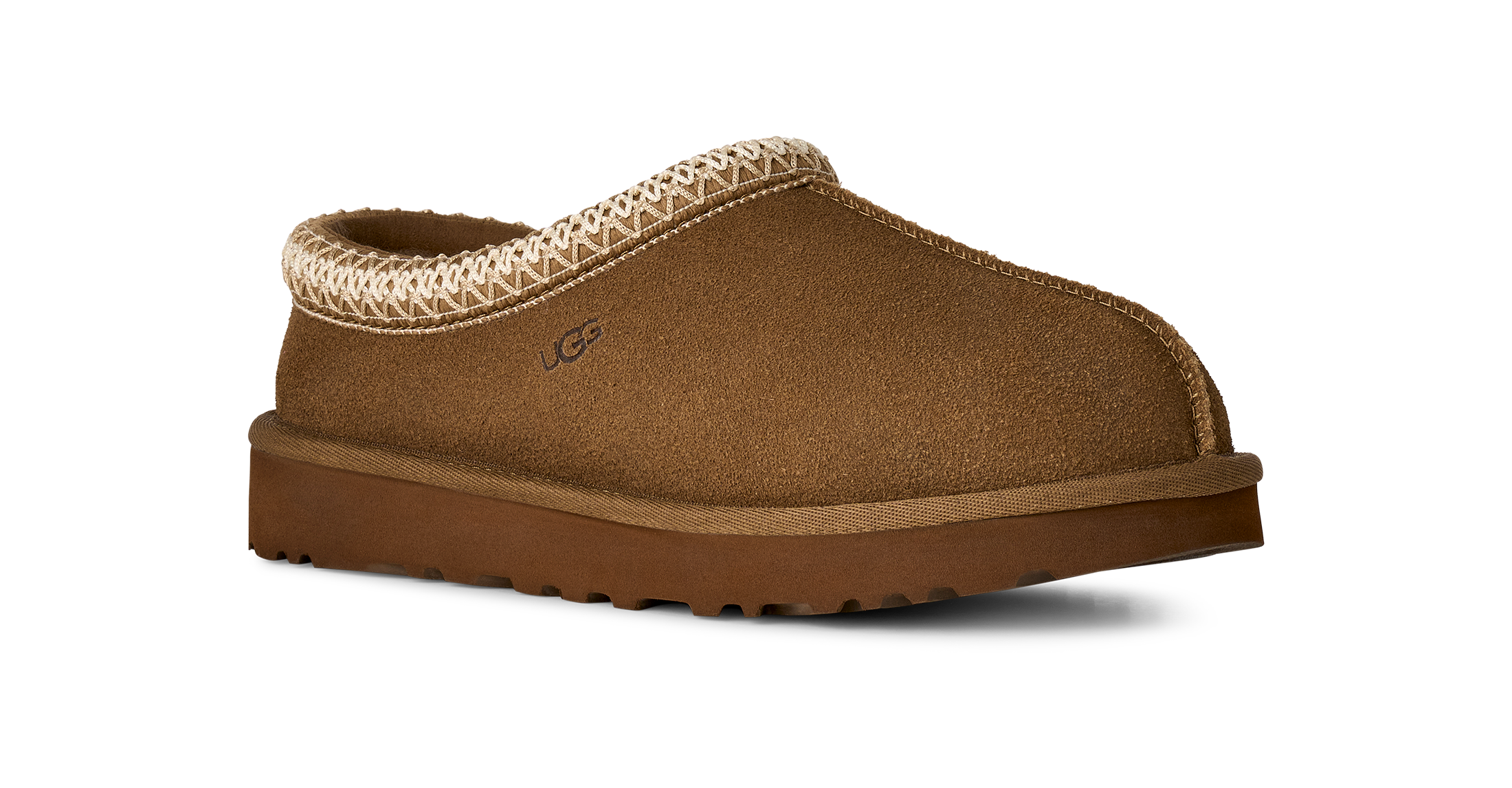 A single brown suede slipper from UGG, featuring a textured knit trim around the collar and a thick brown sole, shown against a plain white background.