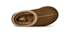 A single brown UGG slipper shown from a top-down view on a white background, featuring a textured beige trim around the opening and a soft brown faux-fur lining.
