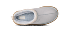 Gray slip-on shoe with brown trim on a white background
