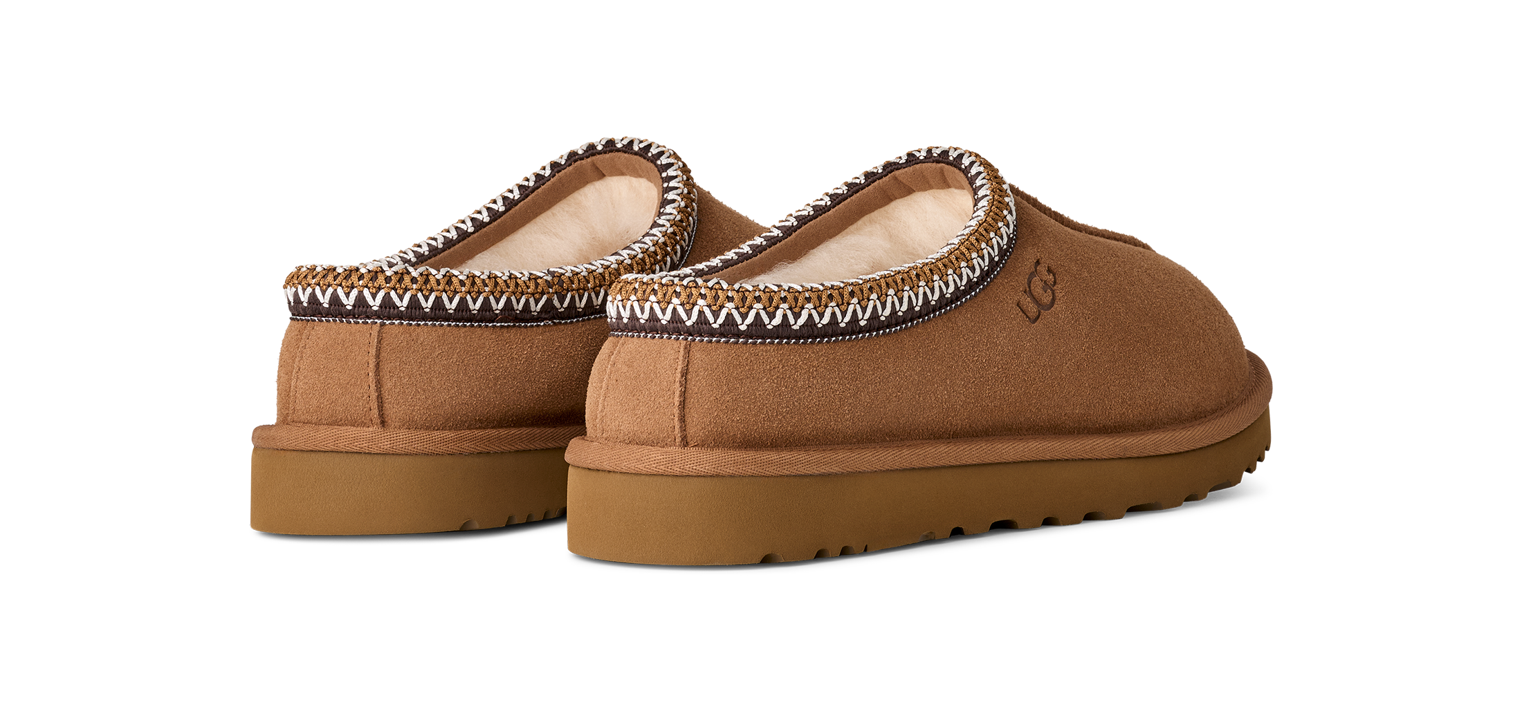 Brown slippers with decorative trim on a white background