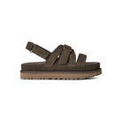 Brown sandal with multiple straps on a white background