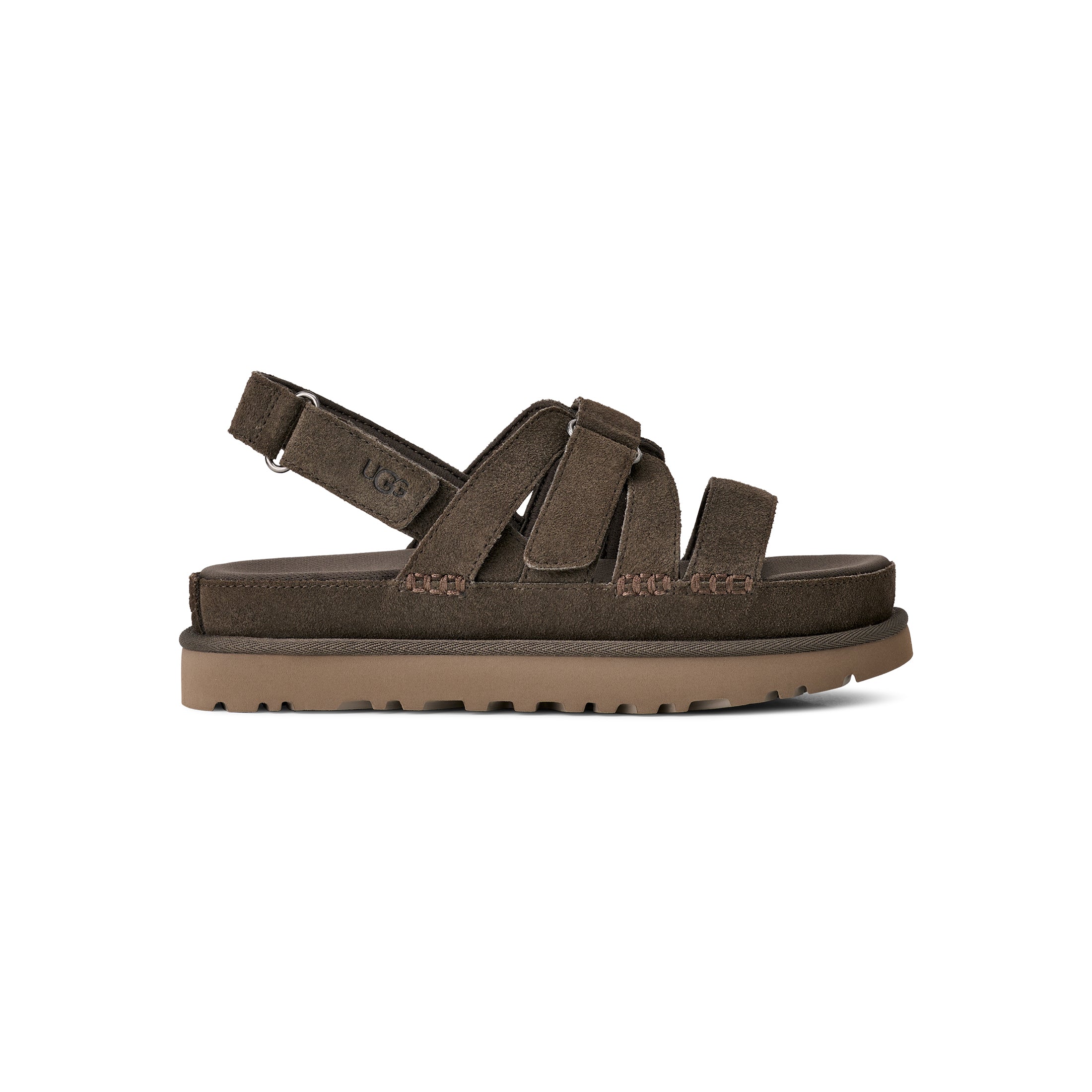 Brown sandal with multiple straps on a white background